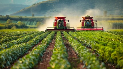 Fototapeta premium Two modern tractors harvesting crops in a lush field during a golden sunrise, showcasing agricultural innovation.