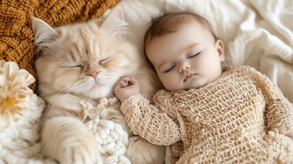 A pet cat curled up beside a napping baby in a peaceful nursery room highlighting the comfort and security the animal provides. Stock Photo with copy space