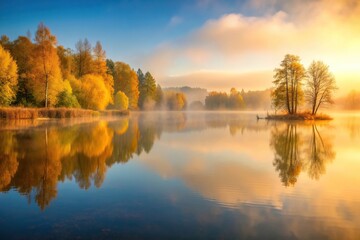 Obraz premium Gold autumn light illuminates the serene lake as a gentle fog blankets the surroundings in the early morning creating a minimalist and ethereal atmosphere, autumn, minimalist, surroundings