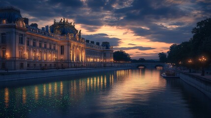 Obraz premium 42. The Palace of Versailles in France, adorned with green and gold bioluminescent patterns as night falls. The palaceâ€™s reflection in the canal adds a mystical touch. Realistic, fantasy style