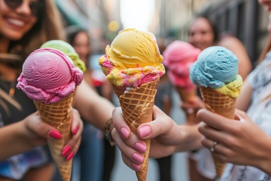 A group of friends holding colorful ice cream cones in a street setting, celebrating togetherness and summer fun in a horizontal composition

Friendship, summer fun, celebration, ice cream, street foo