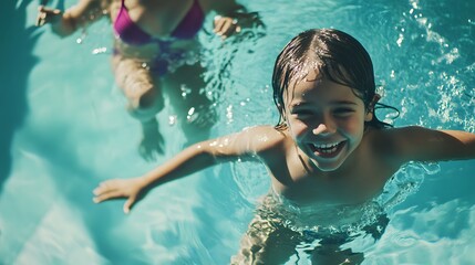 Fototapeta premium A young boy enjoys a sunny day swimming in a pool.