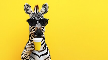 Obraz premium Cool Zebra with Sunglasses Enjoying Coffee on Vibrant Yellow Background - Ultra-realistic Animal Photography Concept