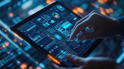 A digital tablet showcases blockchain technology and data encryption, with a businessman utilizing AI