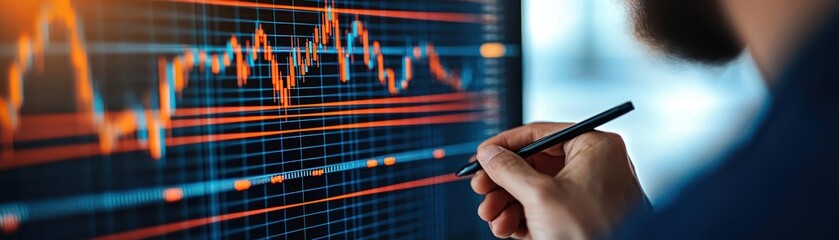 Close-up of a hand analyzing data with a digital pen on a financial chart, showcasing trends and metrics in a professional setting.