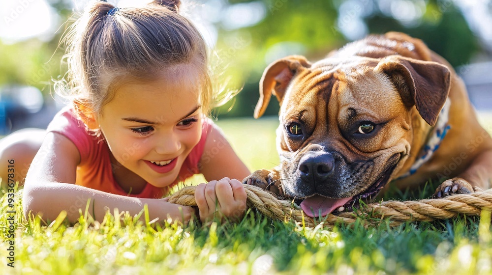 Poster a child and a dog engaged in a playful tug-of-war game in a sunny backyard capturing the active play