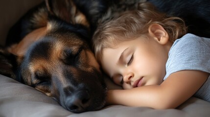 A pet dog lying quietly beside a sleeping child in a nursery room emphasizing the emotional comfort and sense of security provided by the pet. Stock Photo with copy space