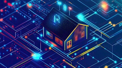 Smart house surrounded by bright information connections and digital aspects depicted in detailed grid