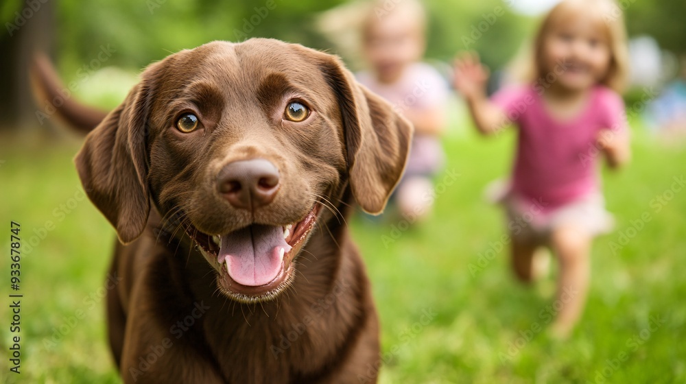 Poster a child playing with a group of friends in a park while their pet dog runs alongside them showing th