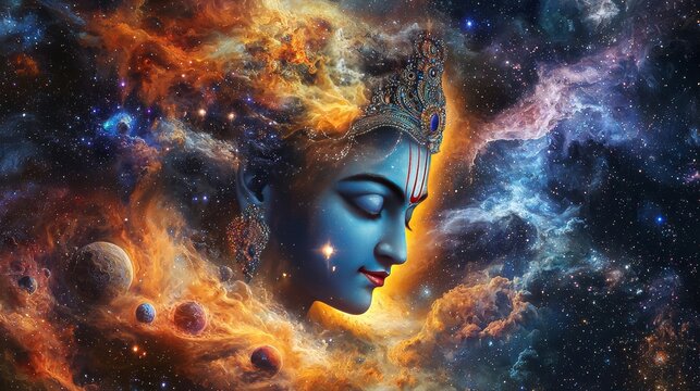 Divine Lord Krishna Face in Fiery Nebula