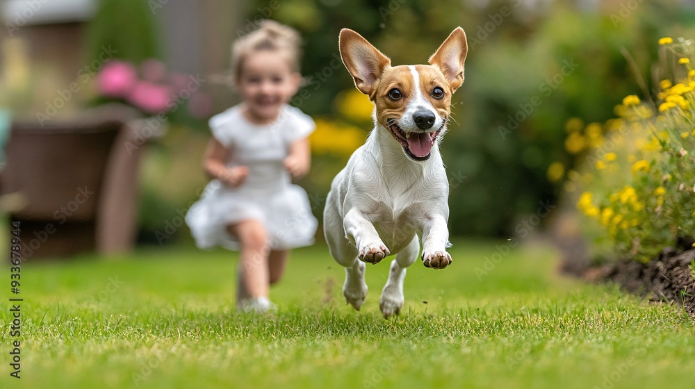 Poster A child and a pet dog having fun running around a garden demonstrating the encouragement of active play and physical exercise through pet companionship. Stock Photo with copy space