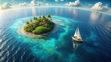Obraz premium serenity, breathtaking, calm, unique, A breathtaking aerial view of a majestic floating island in space made entirely of water with a tiny sailboat gliding through the calm waves below