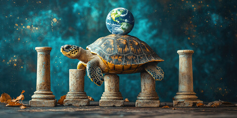 Giant turtle carrying a planet earth on its shell is standing on ancient ruins, symbolizing the concept of sustainability and the interconnectedness of nature and urban life