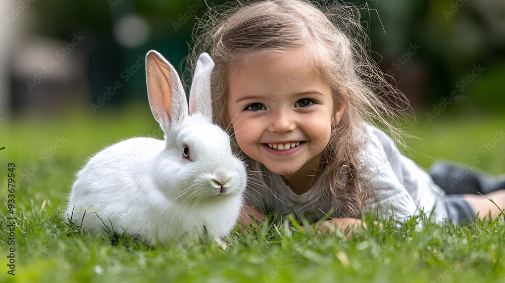 Poster A child playing with a pet rabbit in a garden showing the active play and interaction facilitated by having a pet. Stock Photo with copy space