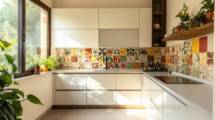 A modern kitchen with white cabinetry, colorful patterned tiles as a backsplash, and sunlight...