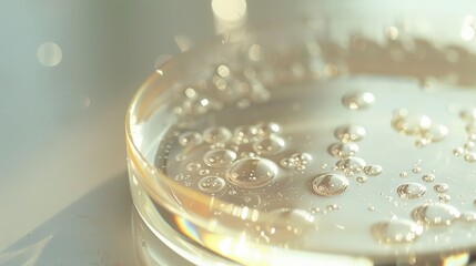 Fototapeta premium close-up of a white glass bowl with light yellow oil bubbles against a white background, featuring soft lighting, hyper-realistic and hyper-detailed macro photography