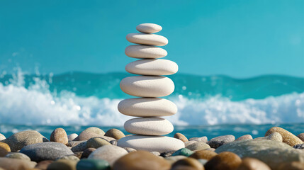 Stacked pebbles balanced precariously on a rocky beach with waves crashing in the background, pebbles, balance