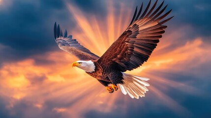 Obraz premium Soaring eagle against a dramatic sky with rays of sunlight breaking through clouds, eagle, freedom