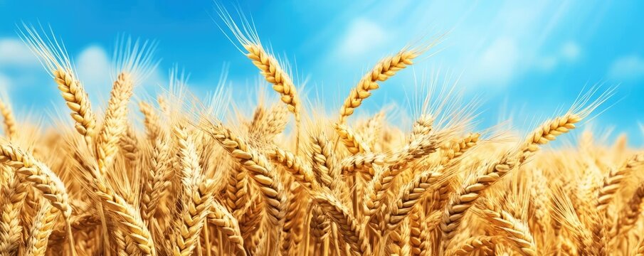 Rustling wheat field under a bright blue sky with gentle winds moving the stalks, wheat field, abundance