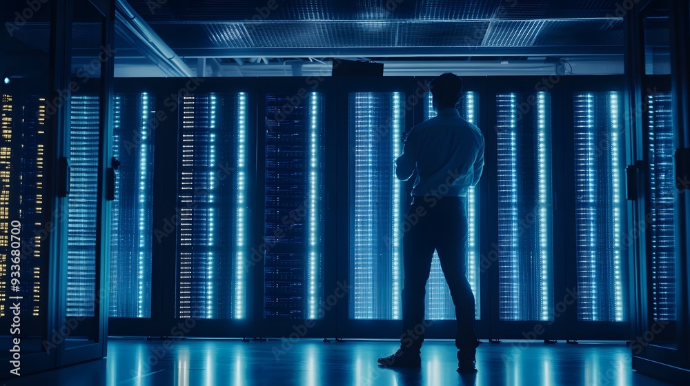 Wall mural Silhouette of a man standing in front of a server rack.