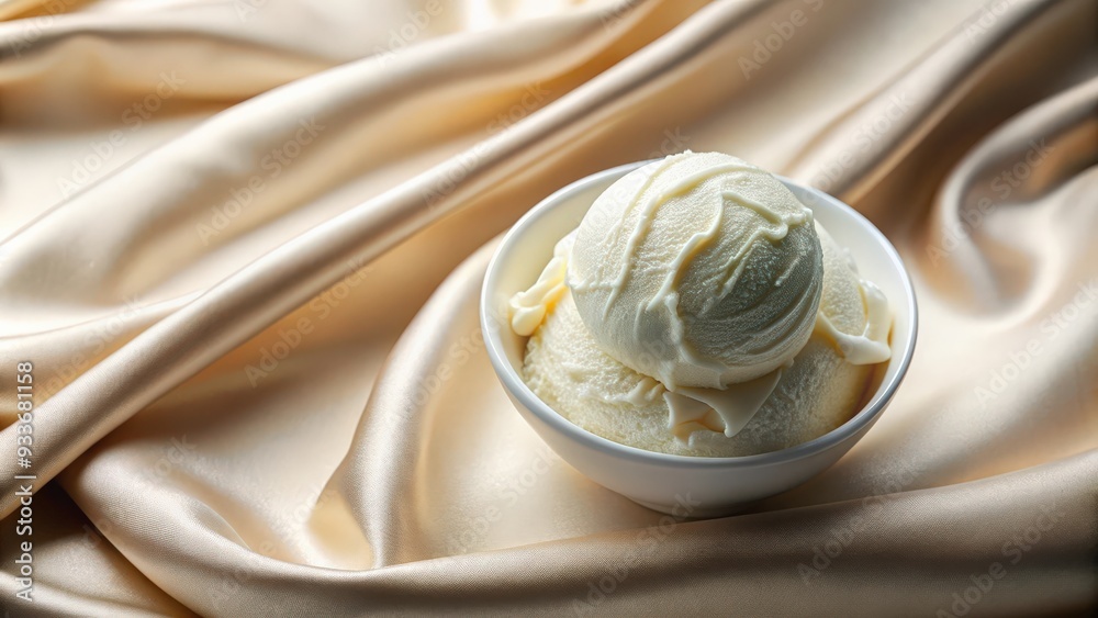 Poster Vanilla ice cream with a soft yogurt ice cream texture on a satin background from a top view, vanilla, ice cream, soft