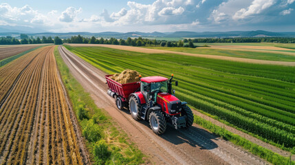 A red tractor pulling a trailer full of hay, traveling down a dirt road between expansive green fields. Perfect for agriculture or rural themes.