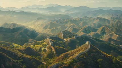 An elevated view of the Great Wall stretching across a vast expanse of mountains and valleys,