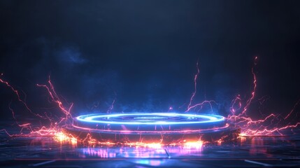 Podium light hologram tech technology background portal circle cyberpunk effect digital energy lightning is scattered around the area. Game element podium hologram light blue hud vector 3d future 