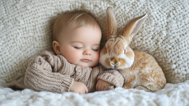 A baby and a pet rabbit snuggling together on a soft blanket capturing the gentle bond and early emotional connection between the child and the pet. Stock Photo with copy space