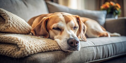 Obraz premium Dog peacefully sleeping on a cozy sofa , pet, canine, relaxation, napping, resting, comfortable, home, domestic