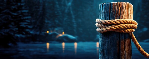 Frayed rope tied around a weathered wooden post with soft light enhancing the texture, rope, strength