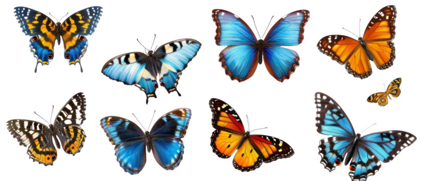 Set of isolated vibrant butterflies and fluttering moths on transparent background. cut flower elements, garden themed designs. Top view high quality PNG." design elements, top view / flat lay.