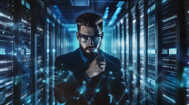 A man in a server room, looking intently at a digital network interface. - Powered by Adobe
