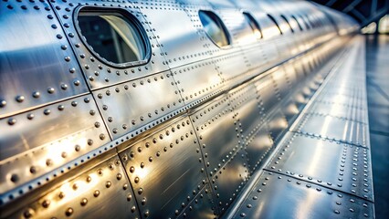 Close up view of the texture of a metal aluminum surface on an aircraft fuselage with a shallow depth of field, macro, industrial, airplane, aviation, shiny, detail,aircraft, close-up