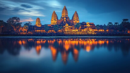 Naklejka premium 48. The Angkor Wat in Cambodia, illuminated by blue and gold patterns at dusk. The majestic templeâ€™s reflection in water creates a mystical scene. Realistic, fantasy style