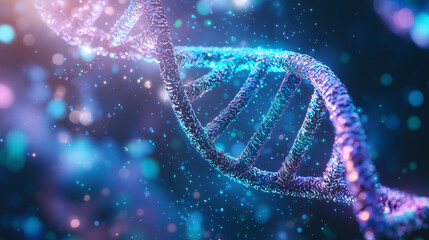 A detailed and vibrant 3D rendering of a DNA double helix, with glowing strands and a futuristic background, symbolizing genetic research and biotechnology.