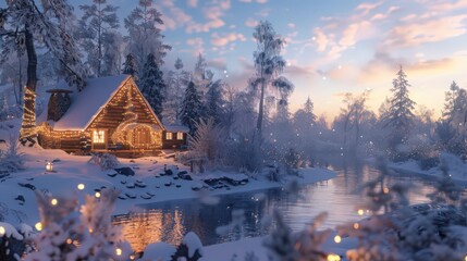 An enchanting winter wonderland showcasing a cozy snow-covered cabin with twinkling lights,