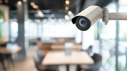 A security camera hangs from the ceiling, overlooking a blurred office setting.