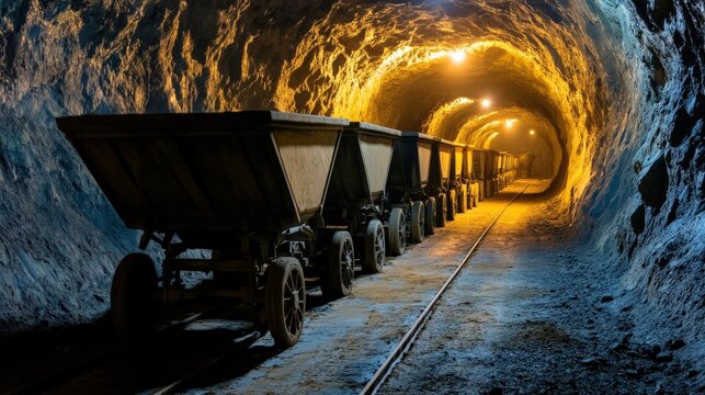 A mining cart of coal cars is traveling through a tunnel. The tunnel is dark and the train is illuminated by a light