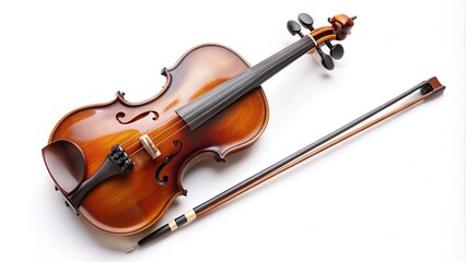 Fototapeta premium A high angle shot of a violin and fiddle stick isolated on a white background, performance, classical, high angle,violin, bow, fiddle, orchestra, musician, stick, wooden, harmony