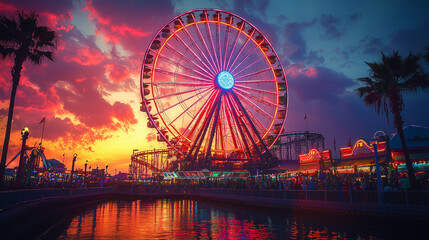 A vibrant and detailed image of a Ferris wheel at a theme park, captured during sunset with vivid colors and lights illuminating the wheel.