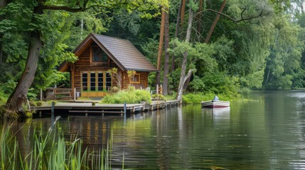 Obraz premium An idyllic summer cabin by a serene lake, with a dock extending into the water and a small boat ready for a relaxing day of fishing