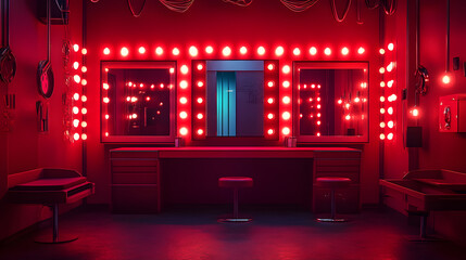Red Lit Dressing Room With Mirrors and Lights