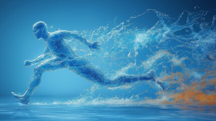 A blue water figure of a running man with water splashes