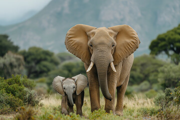 Fototapeta premium Mother elephant with a baby elephant. They are standing in front of a mountain