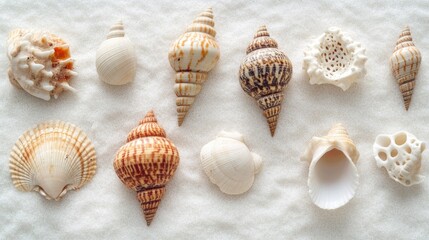 Minimalist scene featuring a collection of seashells on white sand, displayed against a plain backdrop to highlight their intricate details and serene aesthetic.