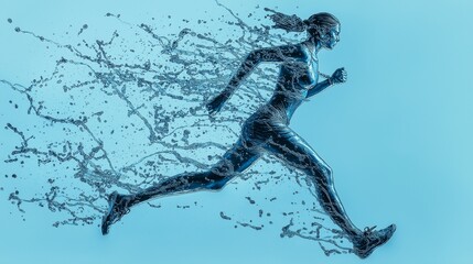 A woman running, created from splashing water on a blue background