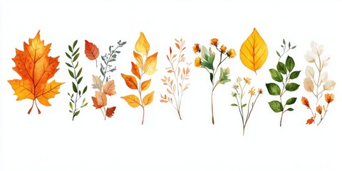 Watercolor autumn leaves illustrated by hand set against a white background Charming design suitable for wedding invitations fabric packaging textiles covers postcards greeting cards and blogs Ador