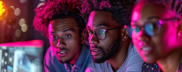 Obraz premium Young Professionals Collaborating on a Project in a Modern Office with Neon Lighting