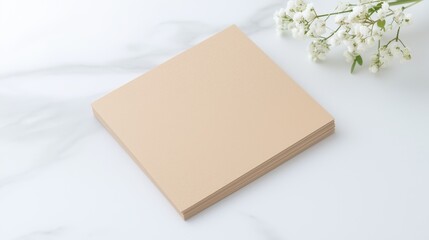 Minimalist beige cards stacked on a marble surface with white flowers, great for creating personalized invitations or cards.